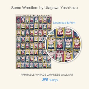 Könnte beinhalten: Ein japanischer Holzschnitt aus der Zeit, der ein Raster von Sumo-Ringer in verschiedenen Posen zeigt. Die Ringer tragen farbenfrohe traditionelle Kleidung und haben übertriebene Muskeln. Der Druck trägt den Titel "Sumo Wrestlers by Utagawa Yoshikazu" und enthält japanischen Text.