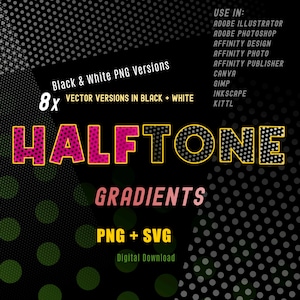 ハーフトーングラデーション PNG + SVG（白黒、12 x 12 インチシート、実線から透明まで）（デジタルダウンロード）