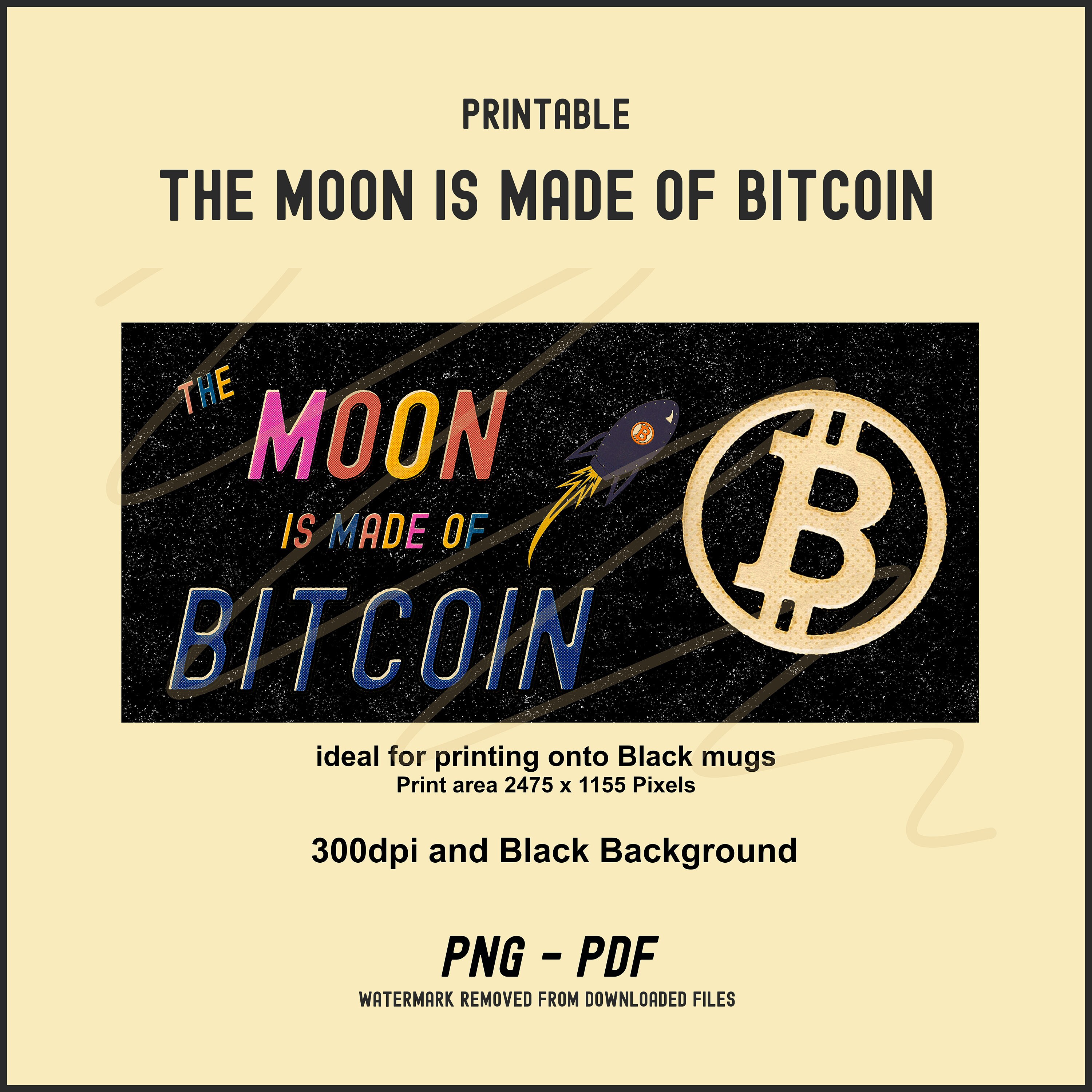 ビットコインムーンマグカップデザイン：ロケットと星（PNG + PDF） - Etsy 日本