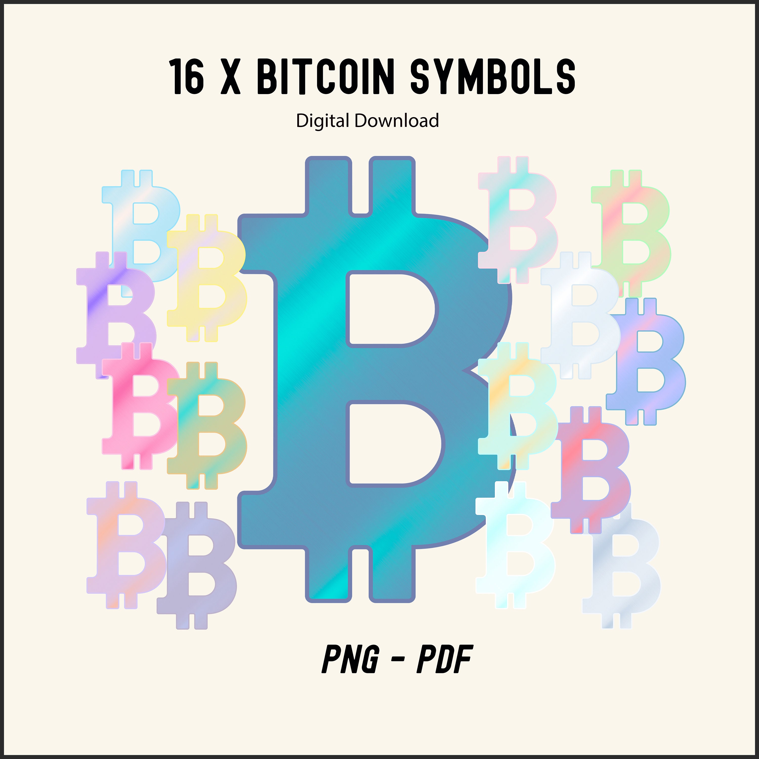 ビットコイン シンボル バンドル、印刷可能なパステル グラデーション カラー 暗号ロゴ x 16 PNG + PDF。