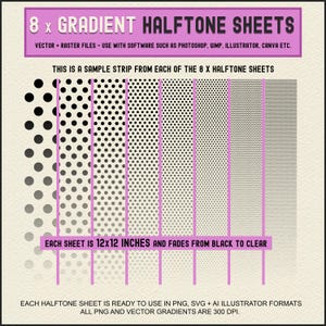 Halftone Gradient PNG files in PNG, SVG and AI formats for graphic designs, text, photos etc. Digital download via Etsy.