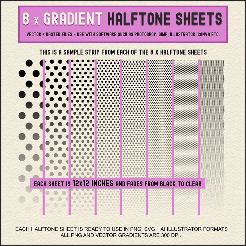 Halftone Gradient PNG files in PNG, SVG and AI formats for graphic designs, text, photos etc. Digital download via Etsy.