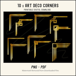 ART DECO CORNERS x 10 紙、デザイン、スクラップブッキング、ジャーナルの装飾用の PNG + PDF ファイル形式の印刷可能な要素。