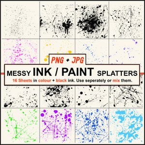 Könnte beinhalten: Eine digitale Kunstsammlung mit 16 Blättern mit unordentlichen Tinten- und Farbspritzern in verschiedenen Farben, darunter Schwarz. Das Bild enthält den Text "PNG + JPG" und "MESSY INK / PAINT SPLATTERS". Die Blätter können separat oder gemischt verwendet werden.
