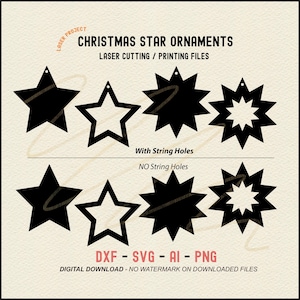 Machine de découpe laser pour décoration d'arbre de Noël avec étoiles et impression de fichiers aux formats Dxf, Ai, Svg, Png. Décorations à suspendre pour sapin de Noël.