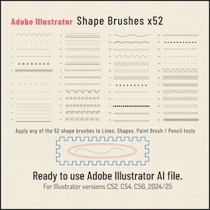 Op de afbeelding: Een digitale afbeelding met 52 Adobe Illustrator vormpenselen. De afbeelding toont verschillende lijnstijlen, waaronder zigzags, stippellijnen en sterpatronen. De tekst bovenaan luidt "Adobe Illustrator Shape Brushes x52."