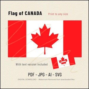 Puede incluir: Un gráfico digital de la bandera canadiense, con una hoja de arce roja sobre un fondo blanco, con barras verticales rojas a cada lado. El texto dice "Flag of CANADA" y "Print to any size". Incluye formatos PDF, JPG, AI y SVG.