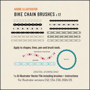 May include: An Adobe Illustrator digital download featuring 12 bike chain brushes. The image displays various chain designs in black and white, along with examples of how to apply them using the paint brush, pencil, line, and shape tools. Includes instructions.