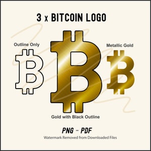 BITCOIN ロゴ シンボル 印刷可能 x 3 PNG + PDF。Bitcoin 暗号ロゴ メタリック ゴールド、メタル ゴールドに黒のアウトライン、Bitcoin 黒のアウトライン。