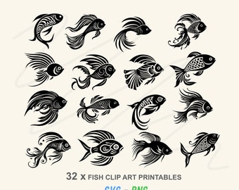 FISH Printable Clip Art images. Bundle of 32 fishes in SVG and PNG formats for sublimation printing, scrap booking. Digital download.