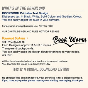 BOOKWORM PRINTABLE DESIGN Pdf + Png Files Digital Download. Simple ...