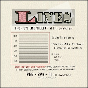 Peut inclure: Téléchargement numérique de feuilles de lignes PNG et SVG de 30,5 x 30,5 cm en 6 épaisseurs différentes. Les lignes sont en noir, gris à 50 % et blanc. Le téléchargement comprend également des échantillons de remplissage Illustrator.