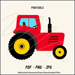 Puede incluir: Un tractor de juguete rojo con ruedas negras y un borde amarillo. El tractor tiene un tubo de escape negro y una ventana azul.