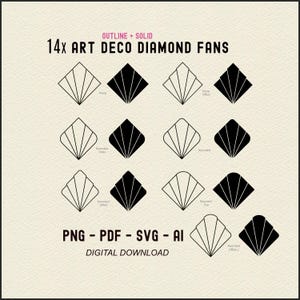 アールデコ ダイヤモンド ファン Svg + PNG 装飾ファン アウトライン + ソリッド シェイプ、アールデコ + ギャツビー スタイル 1920 年代のデザイン要素、ラスター + ベクター。