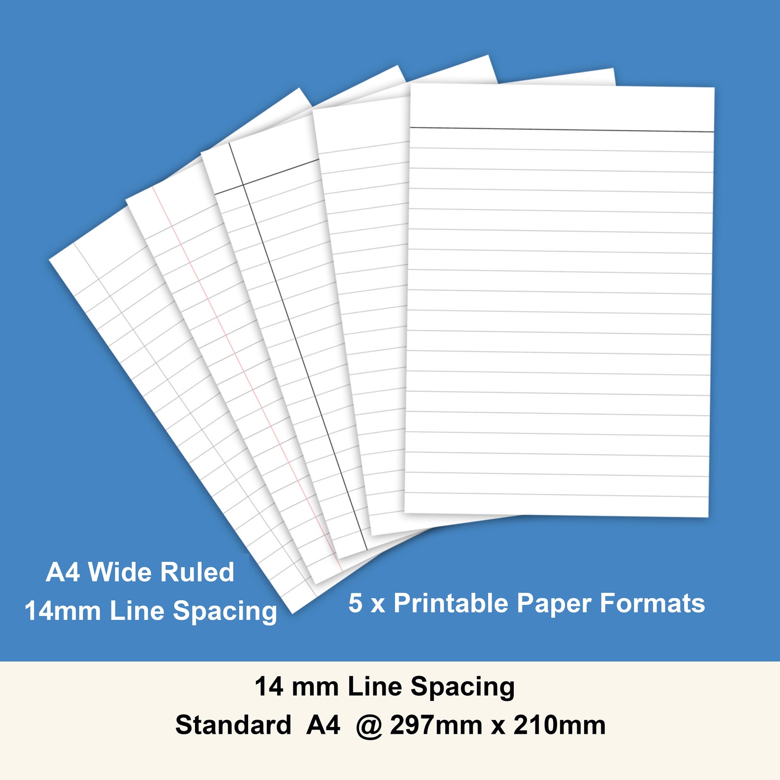 PRINTABLE A4 Note PAPER Lines Bundle in 5 Styles for Lined Paper, Margins. 7mm 14mm Line Spaces ...