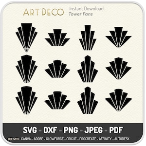 アールデコ ギャツビー ファン タワー SVG DXF PNG 装飾印刷可能要素パック (デジタル ダウンロード)