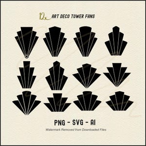 アールデコ SVG + PNG ファンタワーバンドル（黒）、印刷可能なアールデコ ギャツビースタイルの装飾要素、ラスター + ベクター、Png、Ai、SVG ダウンロード