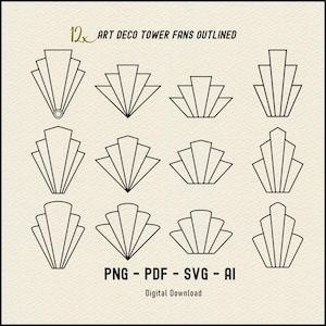 Contours d'éventails décoratifs ART déco SVG + Png, éléments imprimables Art déco Gatsby des années 1920, trame + vecteur, Png, Ai, Svg. Téléchargement numérique.