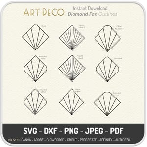 Peut inclure: Téléchargement numérique de motifs Art Déco en forme d'éventail diamant, avec des styles variés : pointus, arrondis et lignés. Formats : SVG, DXF, PNG, JPEG et PDF. Compatibilité : Canva, Adobe, Glowforge, Cricut, Procreate, Affinity et Autodesk.