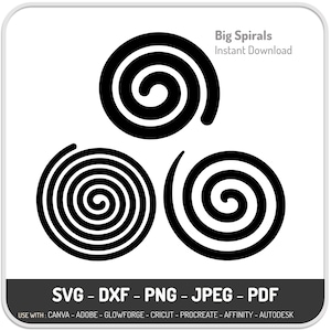 May include: Black and white digital art featuring three spiral designs. The top spiral is a solid shape, while the other two have open, concentric lines. Text at the top reads "Big Spirals, Instant Download." The bottom text lists file formats: SVG, DXF, PNG, JPEG, and PDF.