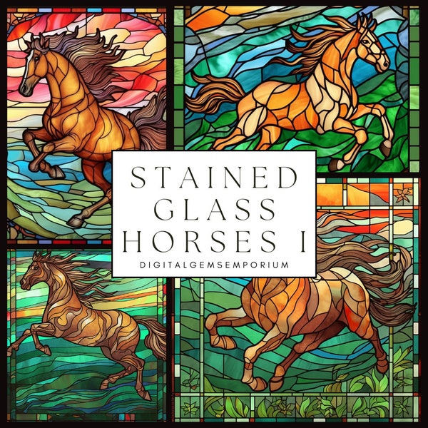 Stained Glass Horse Digital paper, 4-Pack, printable scrapbook paper, seamless printable textures, PNG, 300 DPI, Tumblr T-Shirt Wall Art