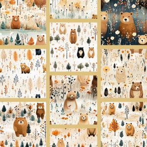 Cute Bear Digital Paper, Boho Digital Art, Seamless Watercolor Bears ...