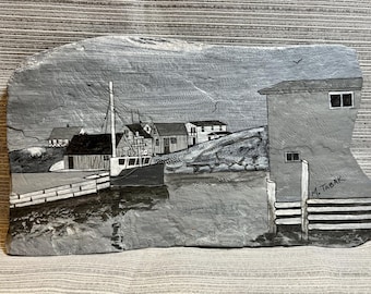Canadian Folk Art M Tabak, Peggy’s Cove Nova Scotia on Natural Slate