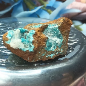 Aurichalcite on matrix; mineral specimen; healing crystals; metaphysical; balance; teal; green; blue