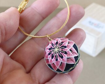 Japanese bag charm/keyring "Sakura" with temari ball. Pink cherry blossom flower on black background. Silk embroidery.