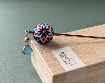 Japanese hairpin with flower temari ball, silk embroidery. Kanzashi, hair stick, kimono hair accessory.