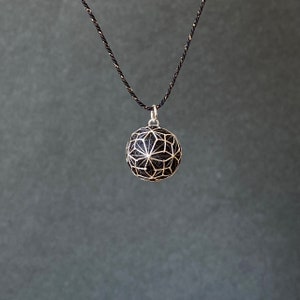 Real silver embroidered Japanese temari ball pendant &quot;Asanoha&quot;. Japanese jewelry with geometric design. Kumihimo silk necklace.