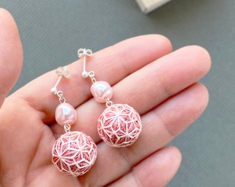 Japanese earrings "Asanoha", sakura pink, silk embroidery. Traditional Japanese jewelry with miniature temari balls.