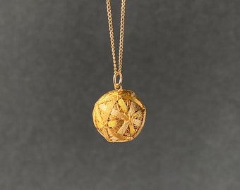 Necklace "Kin-Maki", genuine gold leaf thread and silk embroidery, Traditional Japanese jewelry with a miniature temari ball pendant.