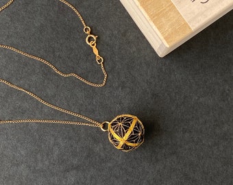 Japanese necklace "Takara" embroidered with GENUINE GOLD LEAF thread on silk base. Japanese temari ball pendant with hemp leaf pattern.