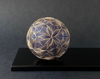 Japanese Home Decor, Temari Ball, Silk Embroidery, Flower and Geometric Pattern, Japanese Art Object, Fiber Art, Gold and Navy