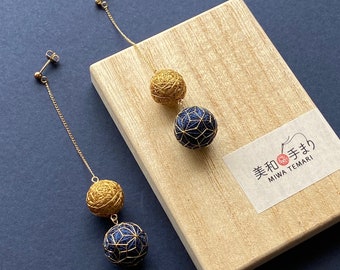 Long chain earrings with Japanese temari "Asanoha". Traditional Japanese pattern embroidered with GENUINE GOLD thread and silk.