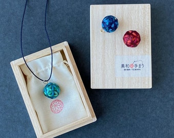 Temari ball pendant "Maki", silk embroidery. Traditional Japanese necklace on kumihimo cord. Colors: blue/green/red.