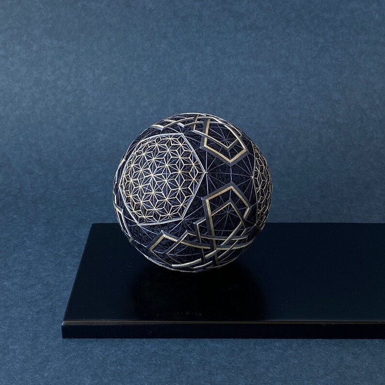 Japanese Home Decor, Temari Ball Uchū-no-yoru, Silk Embroidery, Geometric Pattern, Japanese Art Object, Fiber Art, Gold and Black image 1