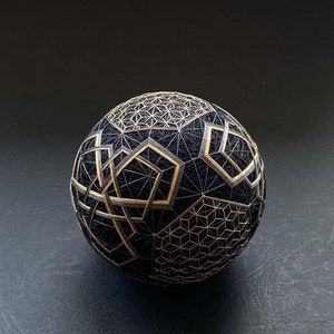 Japanese Home Decor, Temari Ball Uchū-no-yoru, Silk Embroidery, Geometric Pattern, Japanese Art Object, Fiber Art, Gold and Black image 5