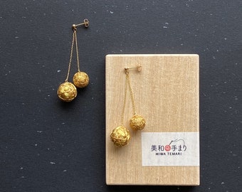 Chain earrings with Japanese temari balls embroidered with GENUINE GOLD thread and silk.