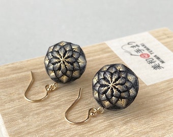 Japanese temari ball earrings "Kiku" with chrysanthemum flower design. Silk embroidery. Colors: black/navy/red/green.