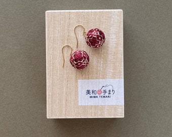 Japanese temari earrings with geometric design. Traditional Japanese jewelry, silk embroidery. (colors: red, navy)