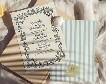 Coastal Bridal Shower Invitation Template Editable Seashells and Wedding Bells Bachelorette Invitation Itinerary Seaside Bridal Shower
