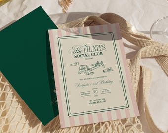 May include: An invitation for "The Pilates Social Club" with a pink and white striped border. The invitation includes the text "Bridgette's 21st Birthday" and event details. A green envelope and a glass of water are also visible.
