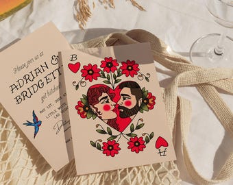 Custom Traditional Tattoo Couple Portrait Alternative Wedding Invitation Traditional Tattoo Illustration Custom Old School Tattoo Drawing