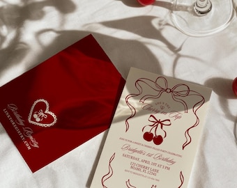 Cherry On Top Birthday Invitation Template Editable Romantic Coquette Cherry Birthday Invite Whimsical Hand Drawn Cherry Birthday Invitation