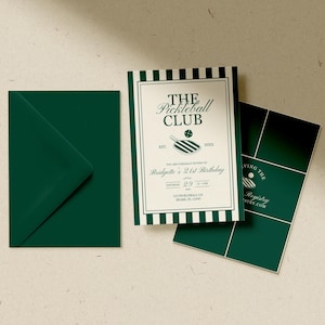 May include: An invitation suite featuring a dark green envelope, a card with the text "The Pickleball Club", and a coordinating card. The main card has a striped border and a pickleball graphic. The invitation is for Bridgette's 21st birthday.