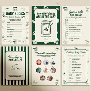 Puede incluir: Un conjunto de seis tarjetas de juegos para baby shower con un esquema de color verde y blanco. Las tarjetas presentan varios juegos, incluyendo "Baby Bucks", "¿Cuántas judías?" y "¿Adivina quién es mamá o papá?" con ilustraciones.