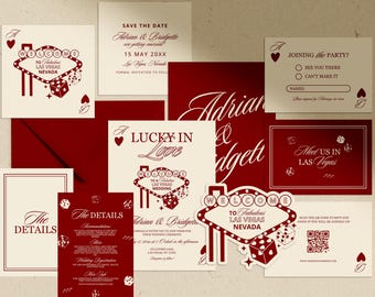 Vegas Wedding Bundle Templates: Lucky in Love Playing Cards Theme Invite, Save the Date, Details, and RSVP (Canva Templates)