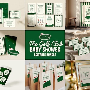 May include: A selection of green and white golf-themed baby shower stationery. Includes invitations, menu cards, place cards, and a sign. The text "The Golf Club Baby Shower" is displayed.